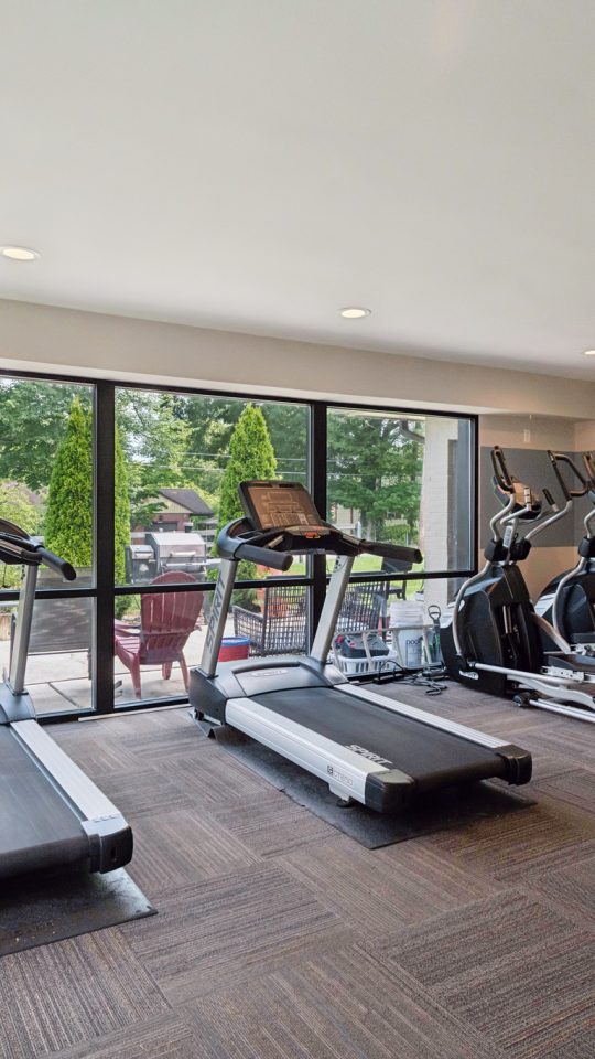 a room with two couches and a large window