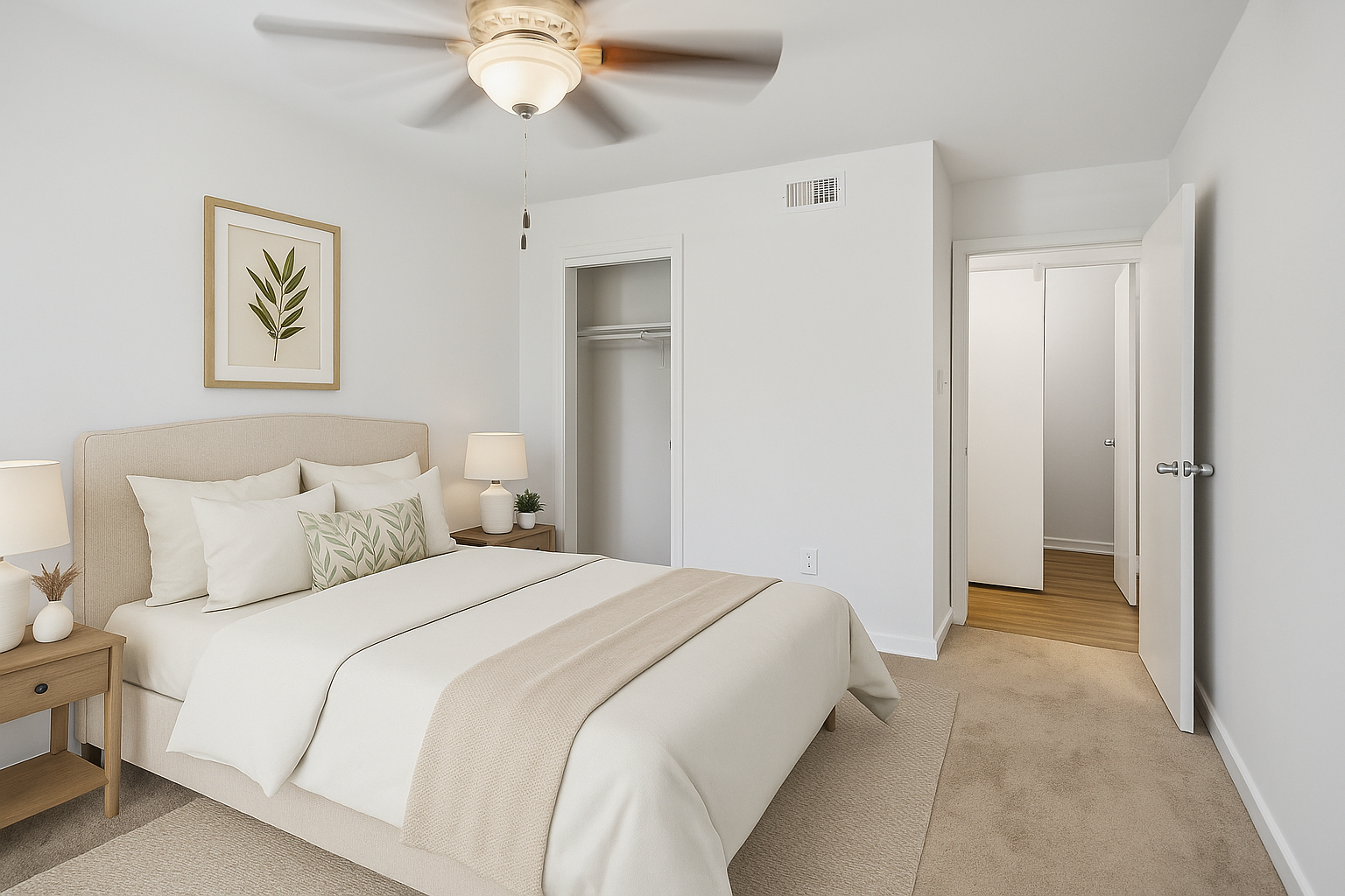a bedroom with a white bed and white walls
