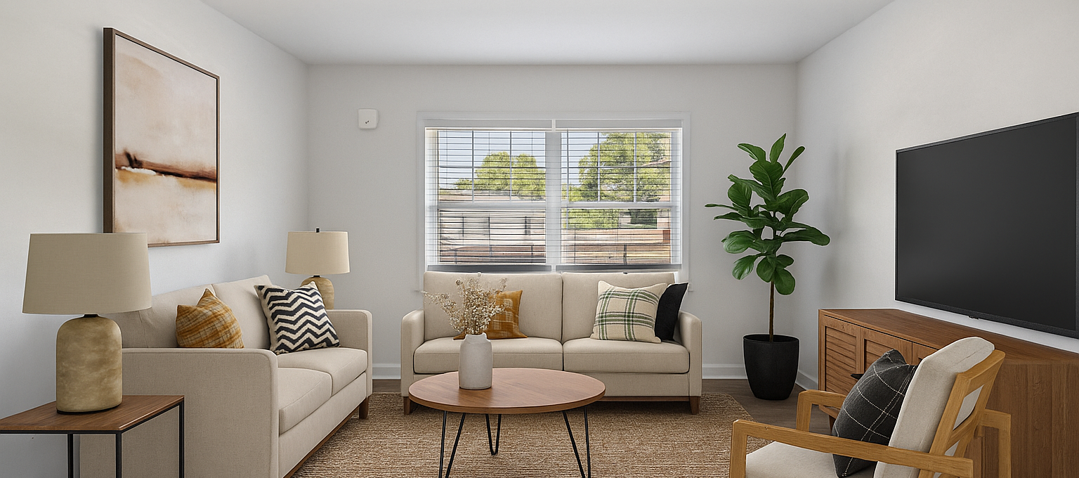 a living room filled with furniture and a window
